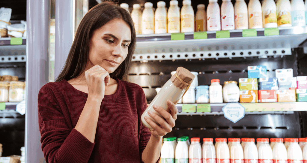 Mulher lendo o rótulo de uma bebida no mercado refrigerado — Canal de denúncias no agronegócio como estratégia para atrair consumidores conscientes.