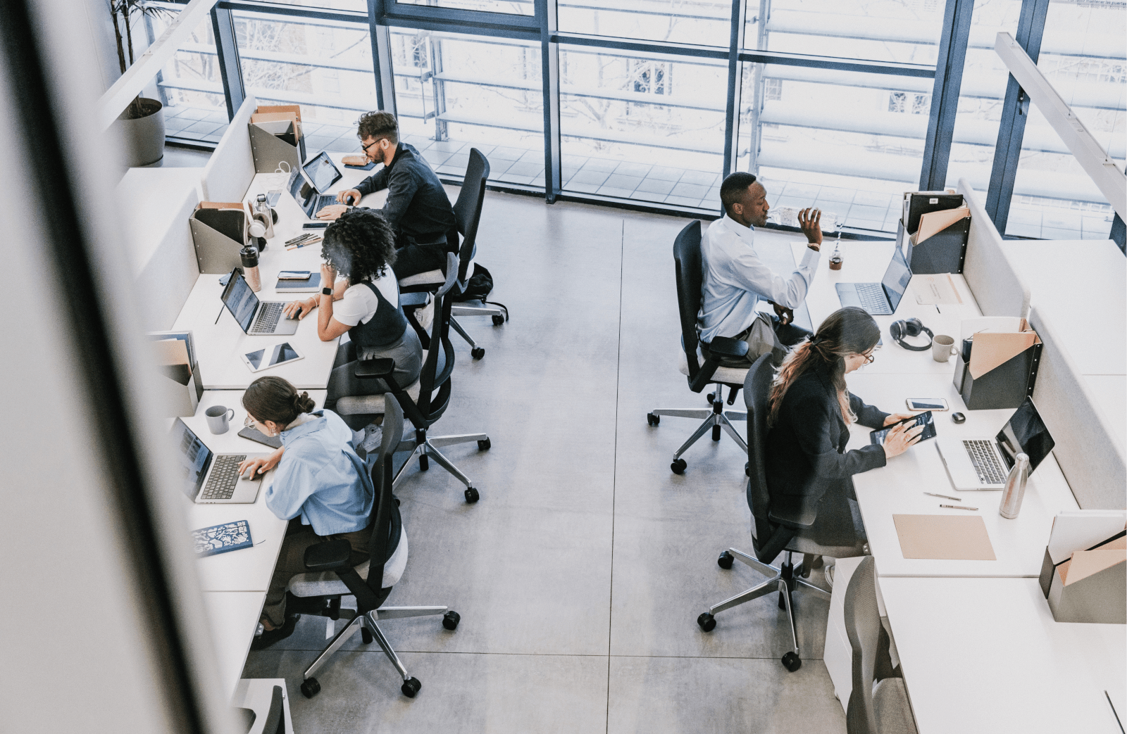 Colaboradores de cartório trabalhando em computadores em ambiente moderno