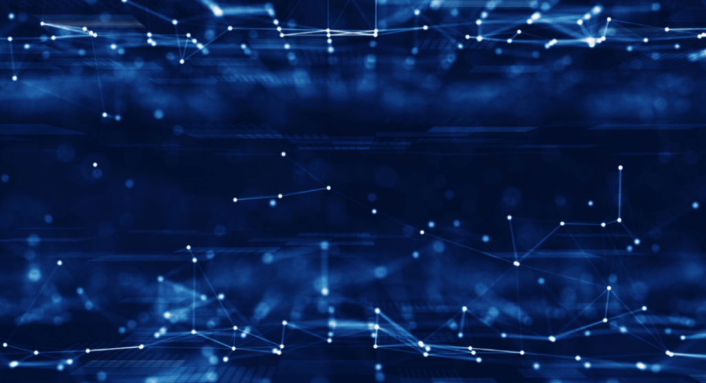 Visualização abstrata de uma rede digital com pontos de conexão brilhantes em fundo azul escuro, representando a segurança da informação — Canal LGPD para PMEs.