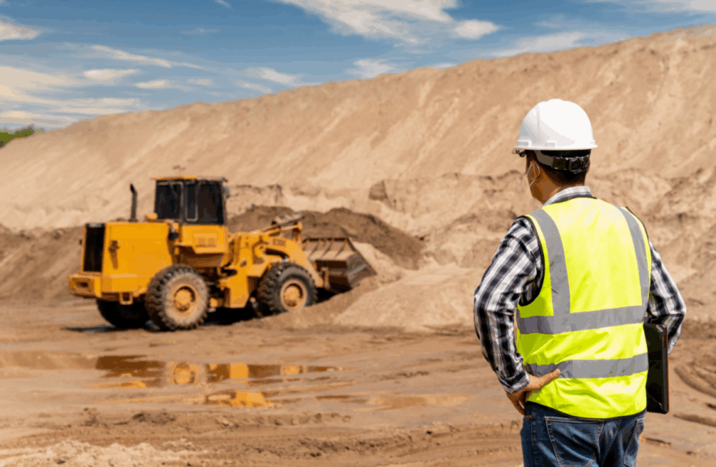 Trabalhador da construção civil com colete reflexivo e capacete branco observa operação de máquina escavadeira, reforçando a necessidade de um canal de denúncias na construção civil para prevenir acidentes.