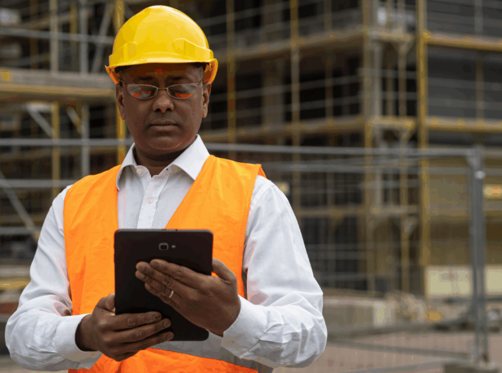Homem com capacete de segurança e colete refletivo usando um tablet em um canteiro de obras, com uma visão de fundo de uma estrutura de construção. Canal de denúncias na construção civil é essencial para garantir a segurança e a conformidade.