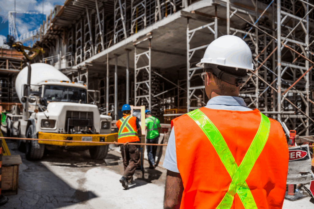 Supervisor de obra observando a movimentação no canteiro de obras, enquanto trabalhadores e um caminhão de concreto estão visíveis ao fundo. Canal de denúncias na construção civil é uma ferramenta vital para relatar condições de trabalho inadequadas.