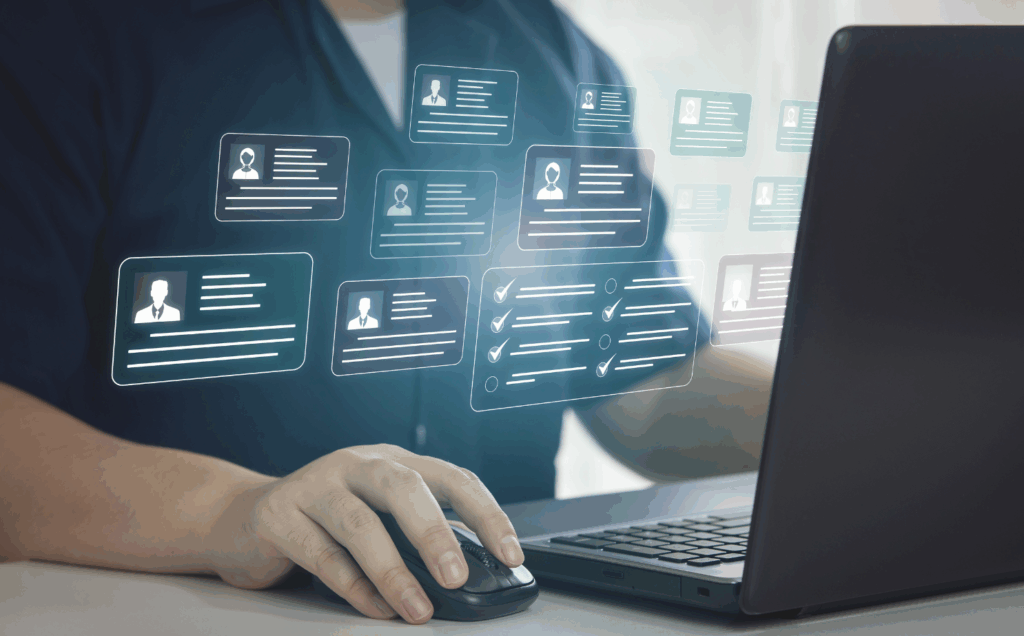 Pessoa utilizando um notebook com ícones digitais representando perfis de usuários, simbolizando a regulamentação dos direitos dos titulares de dados pessoais.