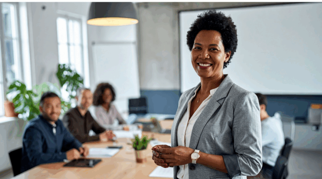 Mulher sorridente em uma reunião de equipe, demonstrando confiança na gestão dos indicadores de eficácia do canal de denúncias.