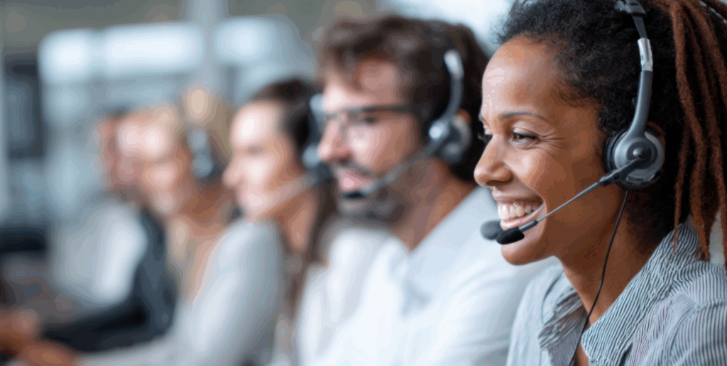 Profissionais de atendimento ao cliente usando headsets e sorrindo, representando o suporte acolhedor e confidencial do canal de denúncias NR-1.