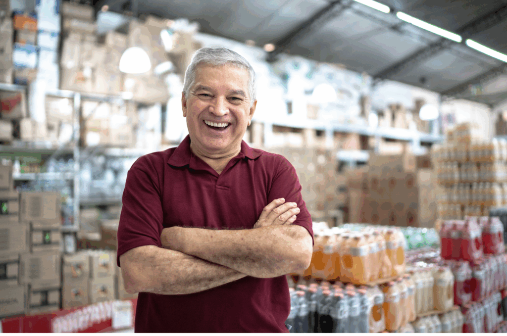 Homem sorridente em meio a um estoque de bebidas e produtos, simbolizando a confiança gerada pelo Canal de denúncias no varejo e atacado.