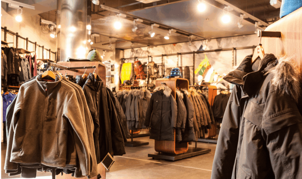 Loja de varejo com casacos de inverno expostos, representando a importância do Canal de denúncias no varejo e atacado na promoção de um ambiente comercial íntegro.