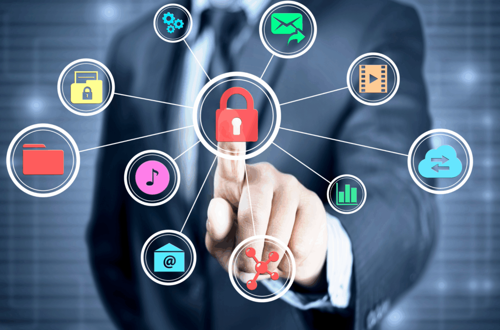 Profissional tocando ícone de cadeado em uma interface digital com vários ícones de dados, representando LGPD para empresas.