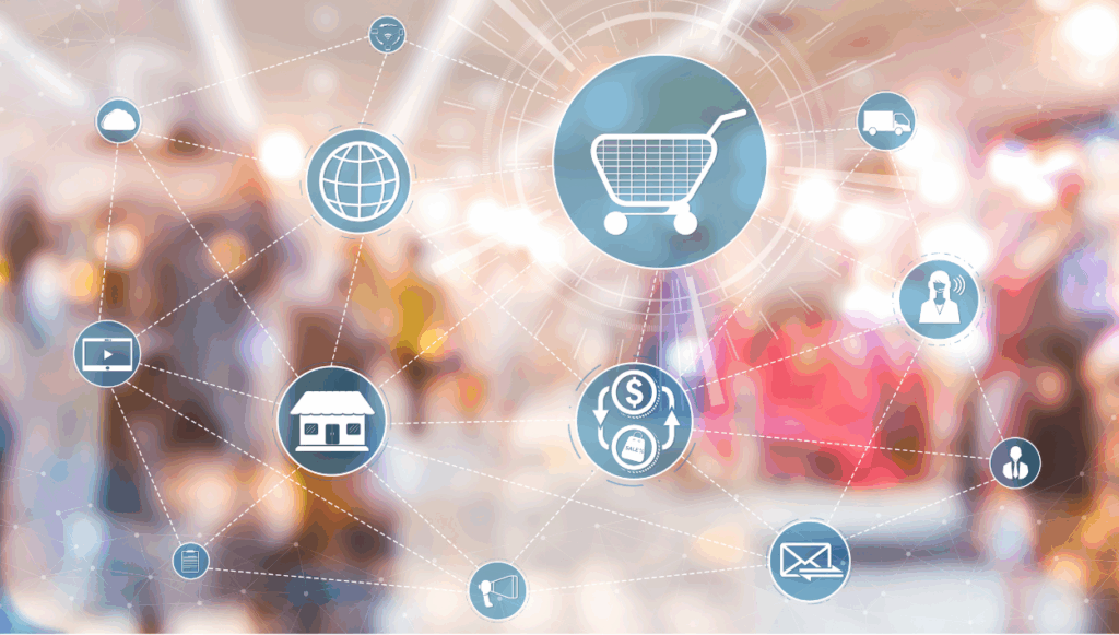 Ícones conectados representando e-commerce e comunicação digital em ambiente monitorado pelo Canal LGPD.