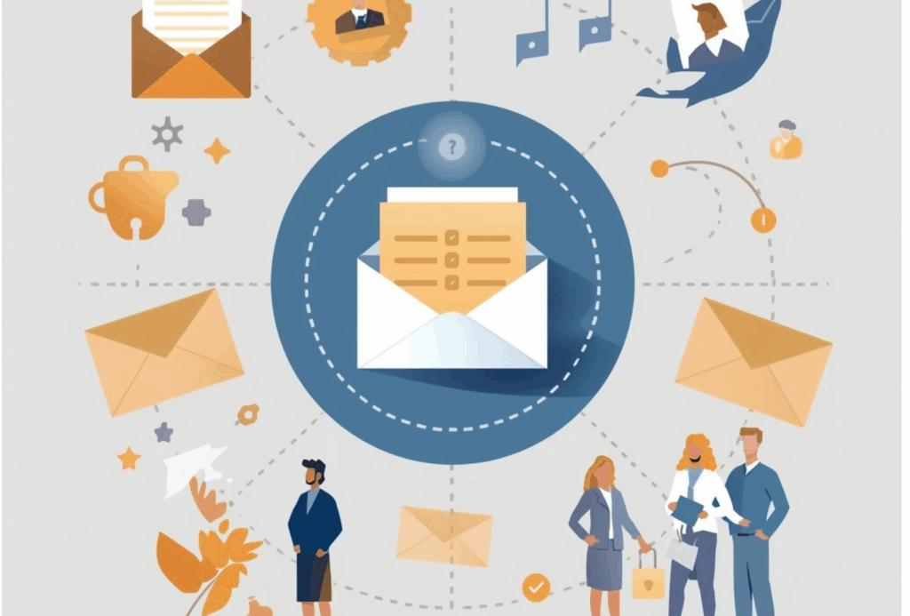 Ilustração representando um sistema de comunicação empresarial relacionado à ISO 37002 canal de denúncias, com envelopes e conexões entre colaboradores.