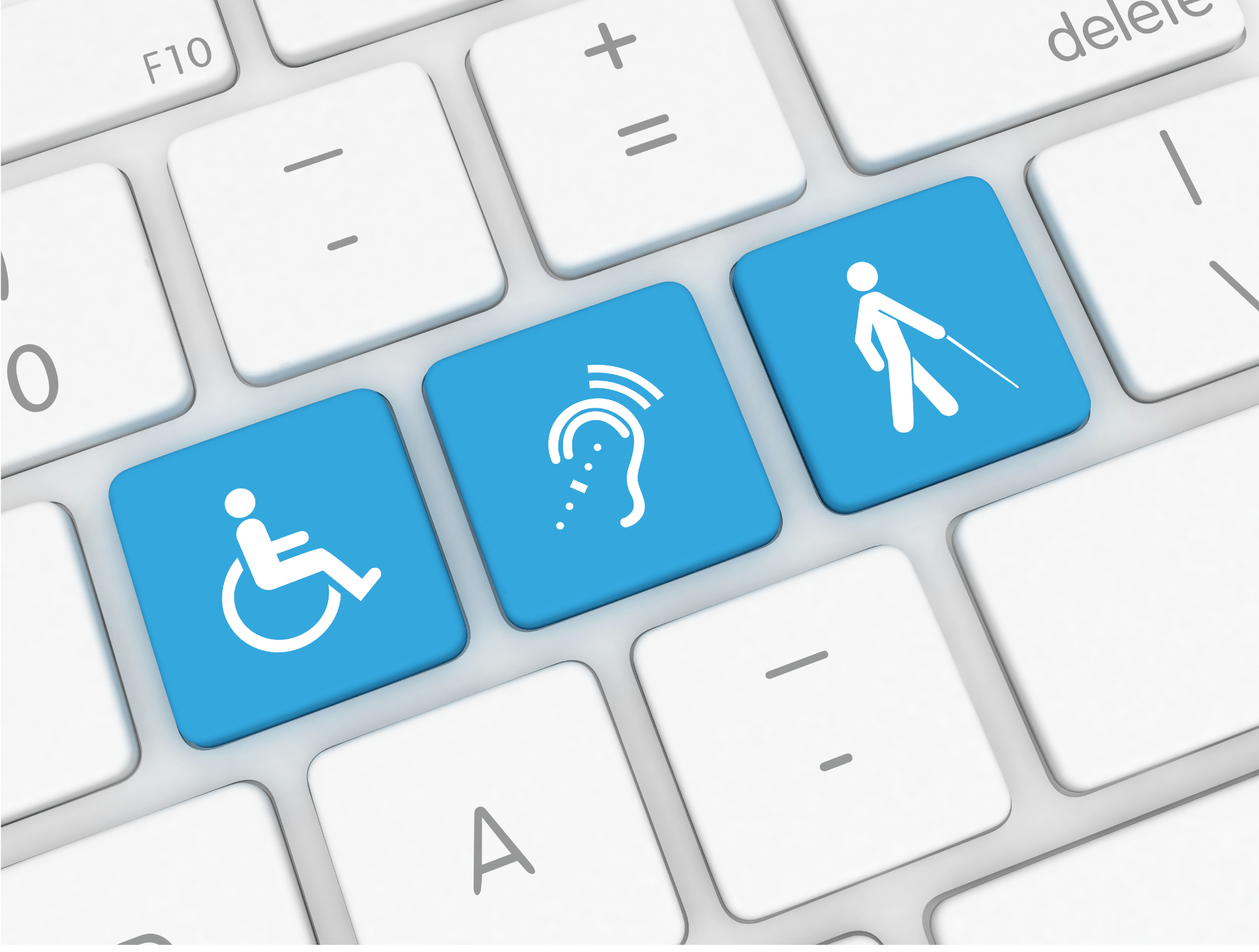Teclado de computador com teclas azuis exibindo símbolos de acessibilidade, audição e deficiência visual, representando “LBI canal de denúncias acessibilidade digital”.