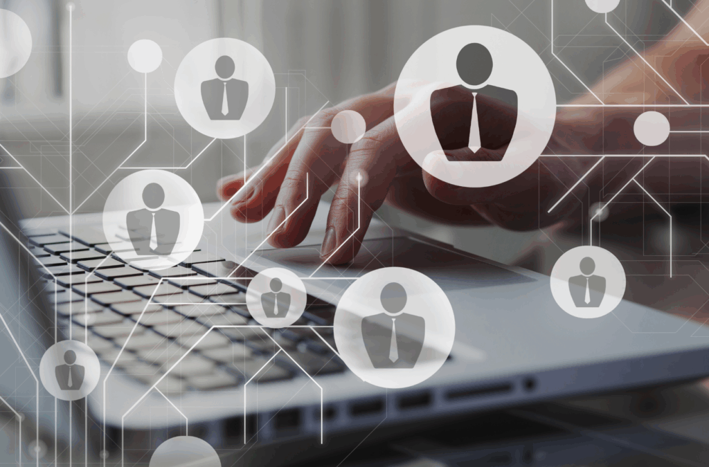 Representação digital de colaboradores conectados por uma rede corporativa, ilustrando a disseminação do código de conduta política anti-assédio canal de denúncias CIPAA e a comunicação segura entre equipes.