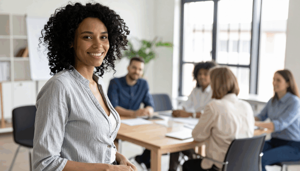 Profissional sorrindo em primeiro plano durante reunião de equipe em escritório, ilustrando ambiente inclusivo, código de conduta política anti-assédio canal de denúncias CIPAA.