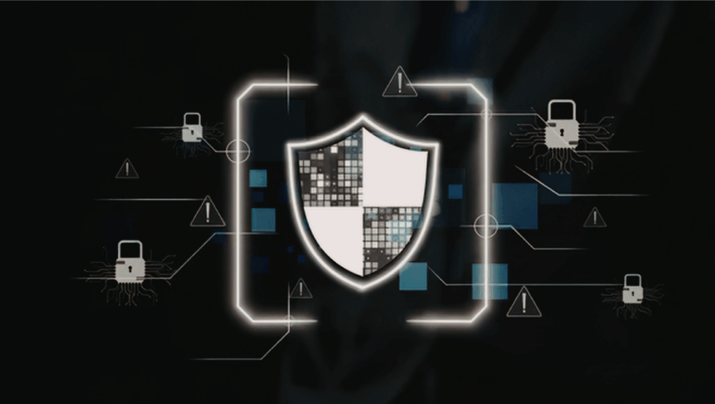 Escudo digital cercado por ícones de cadeado e alertas, ilustrando a segurança da informação no canal de denúncias no compliance e a proteção dos dados dos denunciantes.